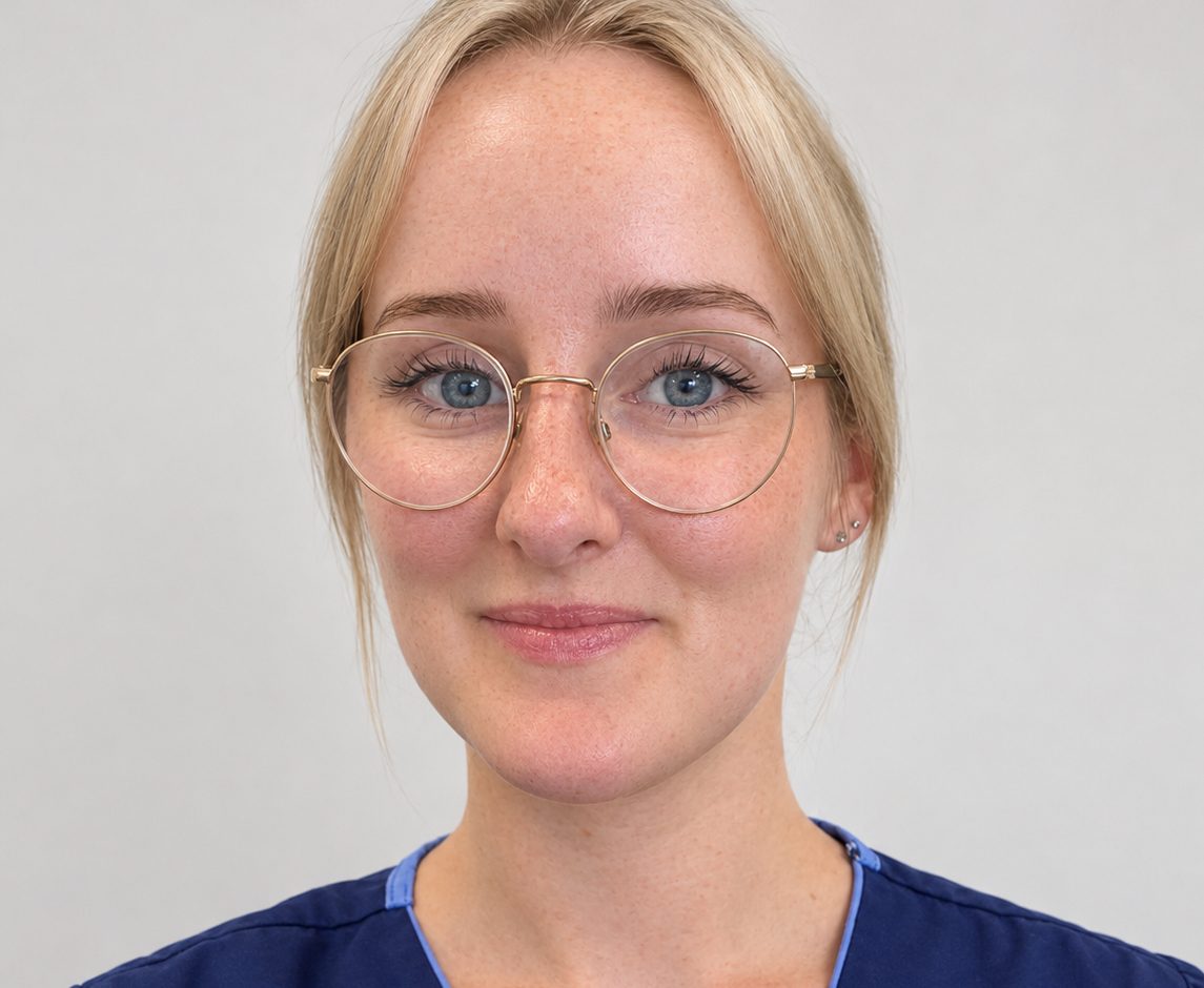 Ella Gilbert-Smith, smiling in navy dental scrubs